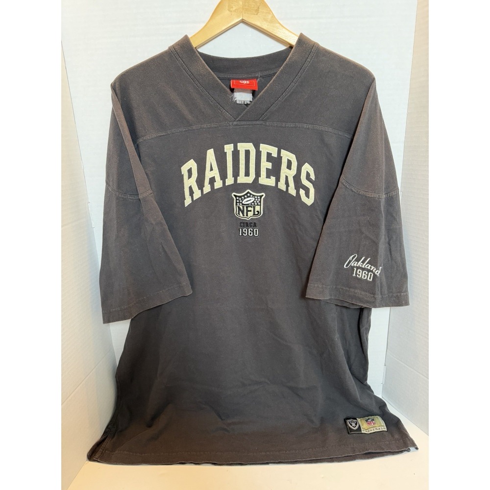 VTG Oakland Raiders NFL Shirt Mens XL Black Embroidered V Neck Shirt Y2K 256